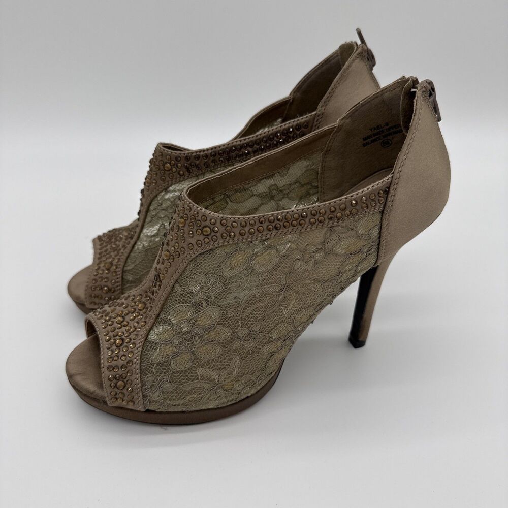 DE BLOSSOM COLLECTION Tan Brown Lace & Rhinestone Dress Heel Shoes Sz 8.5